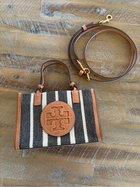 Tory Burch Black & White Striped Mini Satchel with Tan Leather Trim